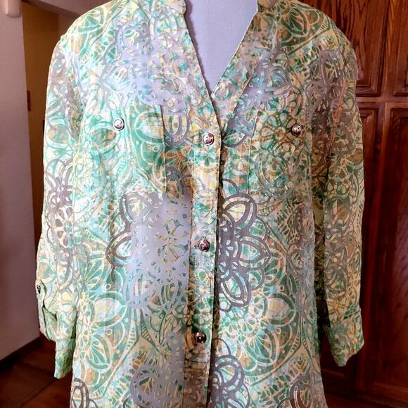 Womens Top 16 Sheer Retro Button Front Pastel Colors Mom Granny Fairy Y2K Boho - Picture 5 of 10